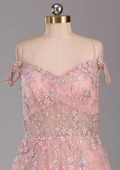 Pink Applique Net Readymade Lehenga-Koskii