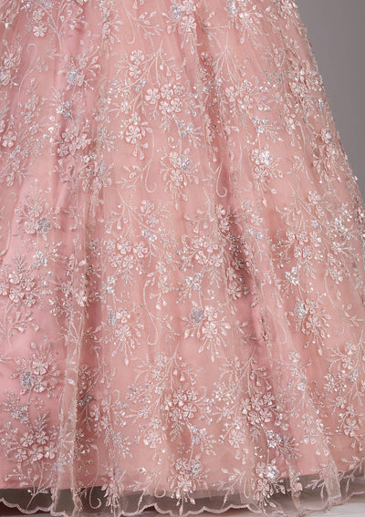 Pink Applique Net Readymade Lehenga-Koskii