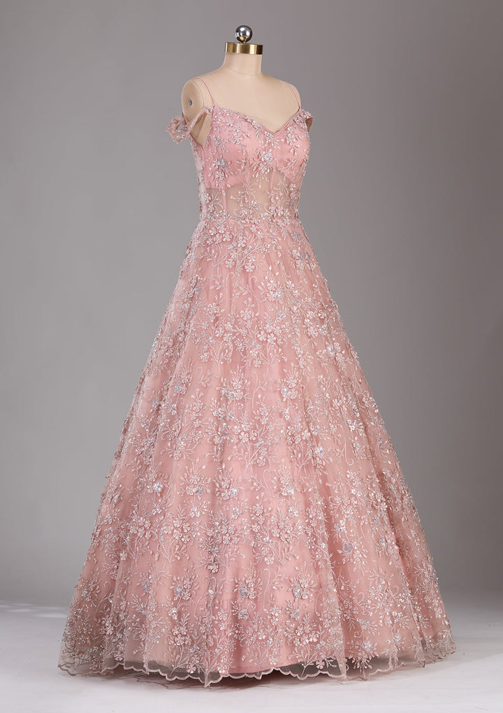 Pink Applique Net Readymade Lehenga-Koskii