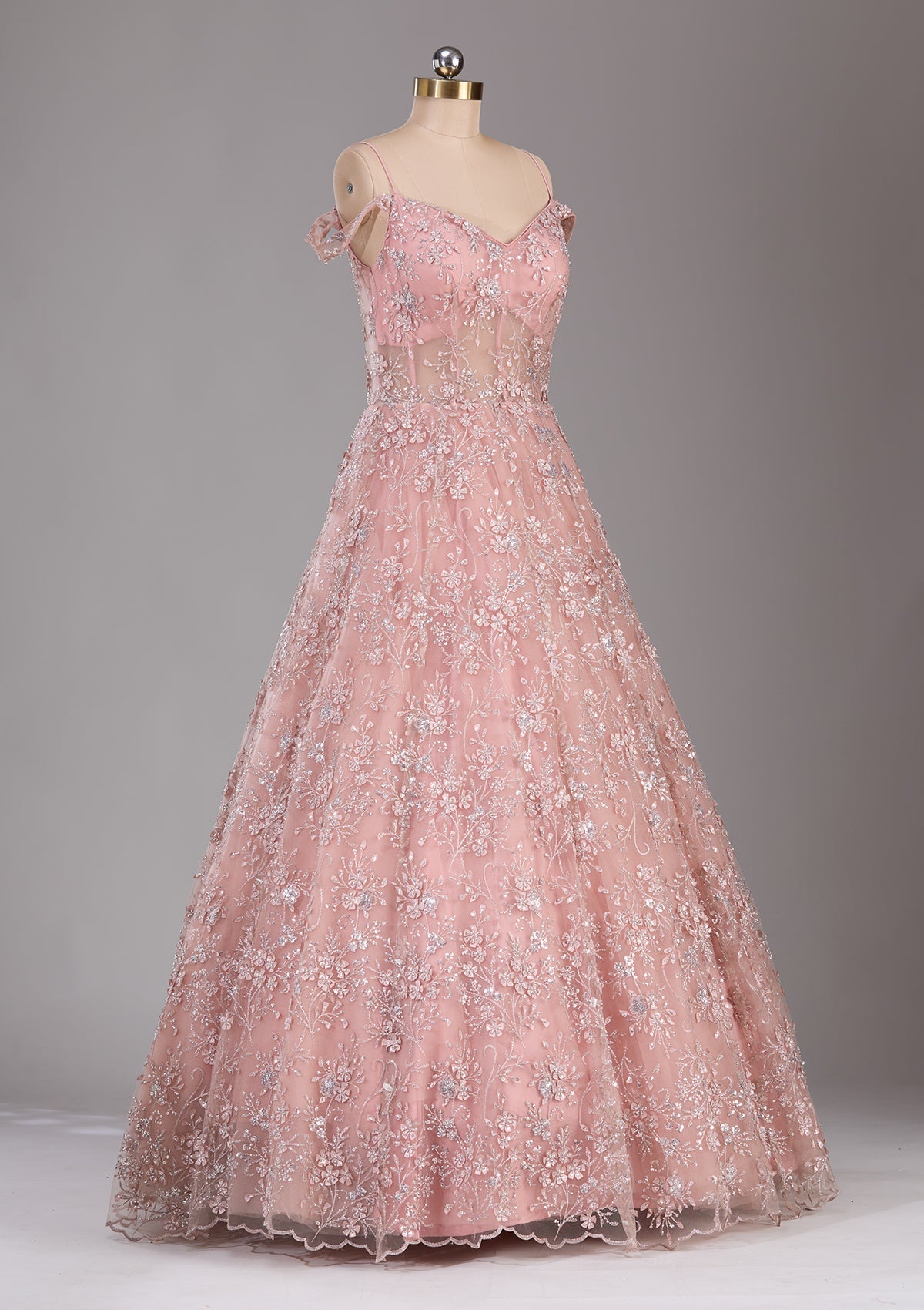 Pink Applique Net Readymade Lehenga-Koskii