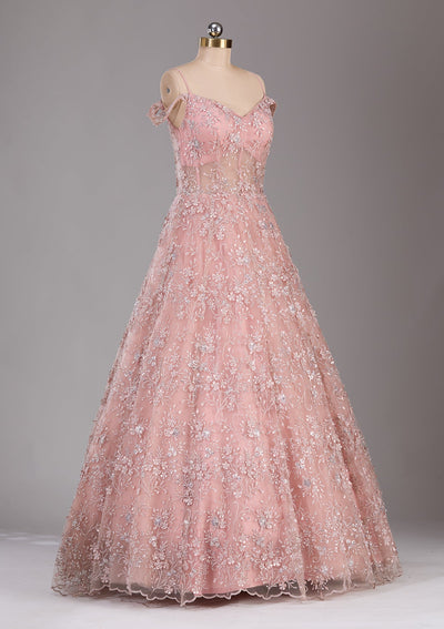 Pink Applique Net Readymade Lehenga-Koskii
