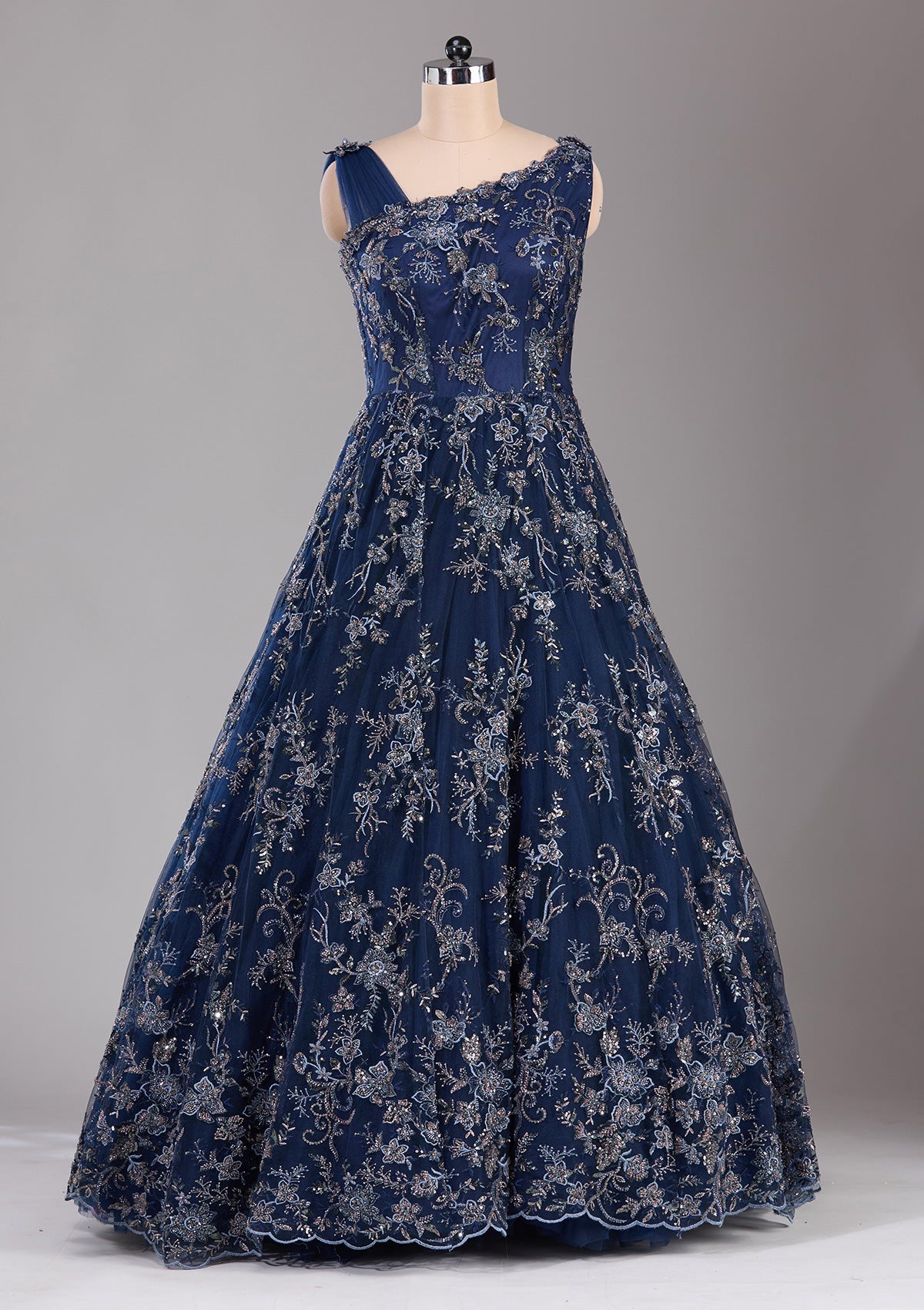 Navy Blue Threadwork Net Readymade Lehenga-Koskii
