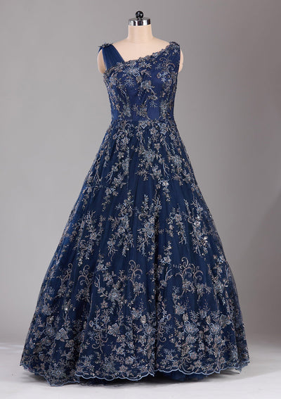 Navy Blue Threadwork Net Readymade Lehenga-Koskii
