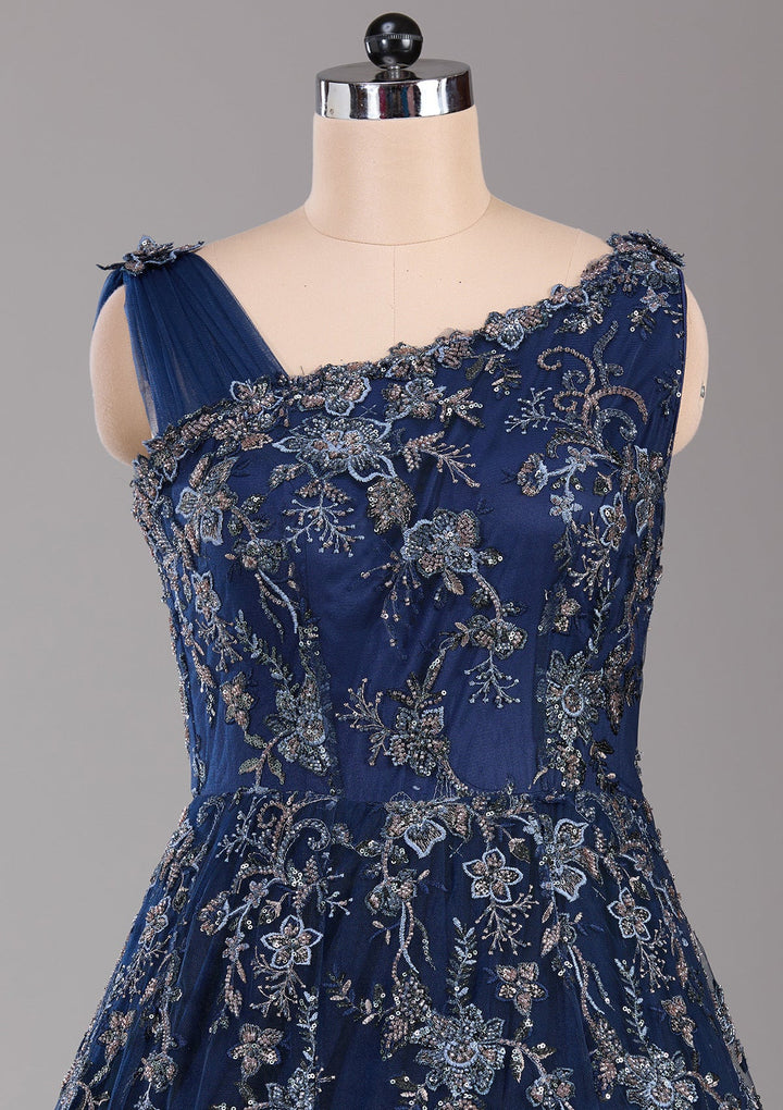 Navy Blue Threadwork Net Readymade Lehenga-Koskii