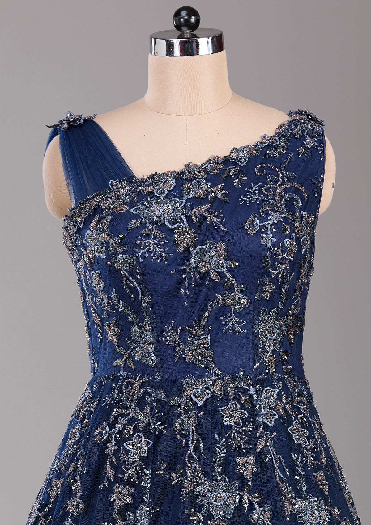 Navy Blue Threadwork Net Readymade Lehenga-Koskii