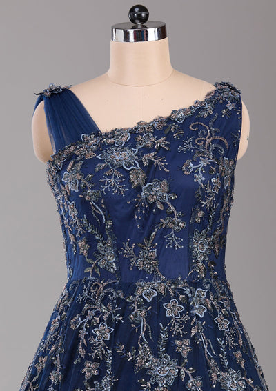 Navy Blue Threadwork Net Readymade Lehenga-Koskii