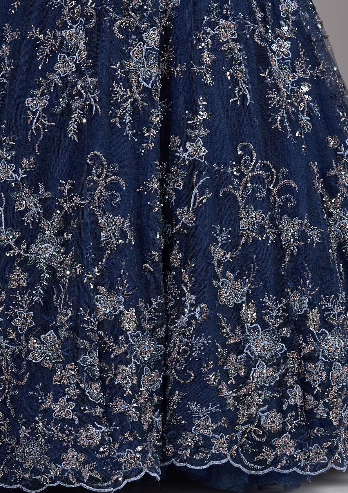 Navy Blue Threadwork Net Readymade Lehenga-Koskii