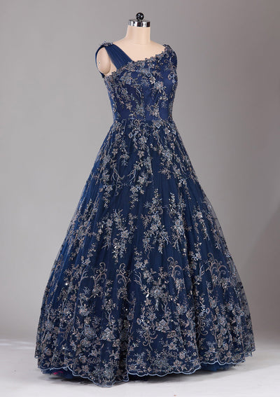 Navy Blue Threadwork Net Readymade Lehenga-Koskii