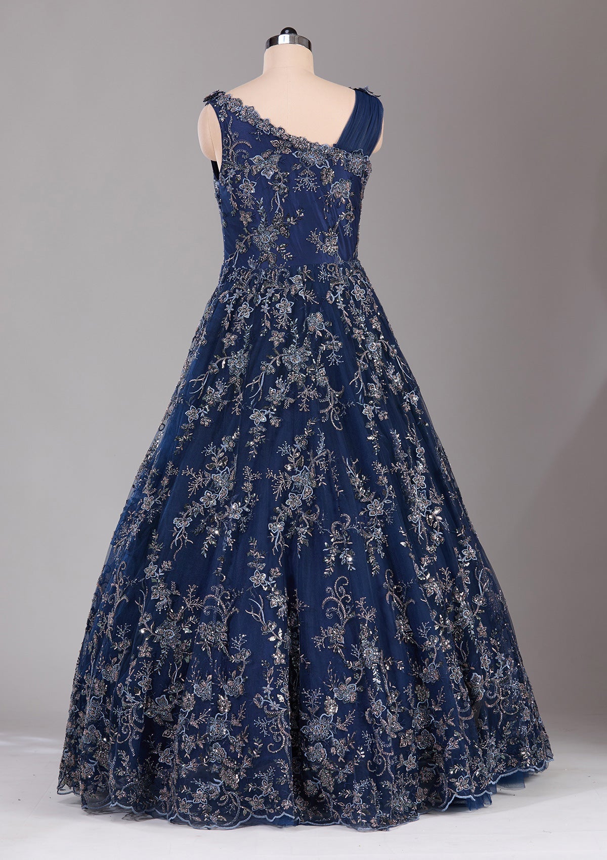 Navy Blue Threadwork Net Readymade Lehenga-Koskii