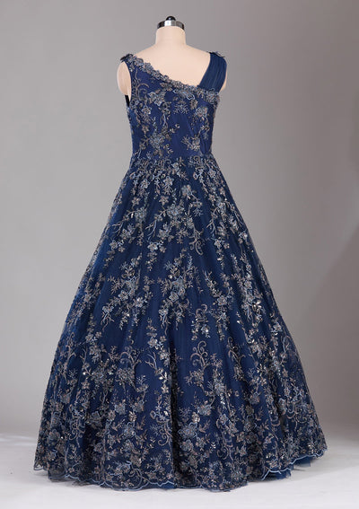 Navy Blue Threadwork Net Readymade Lehenga-Koskii