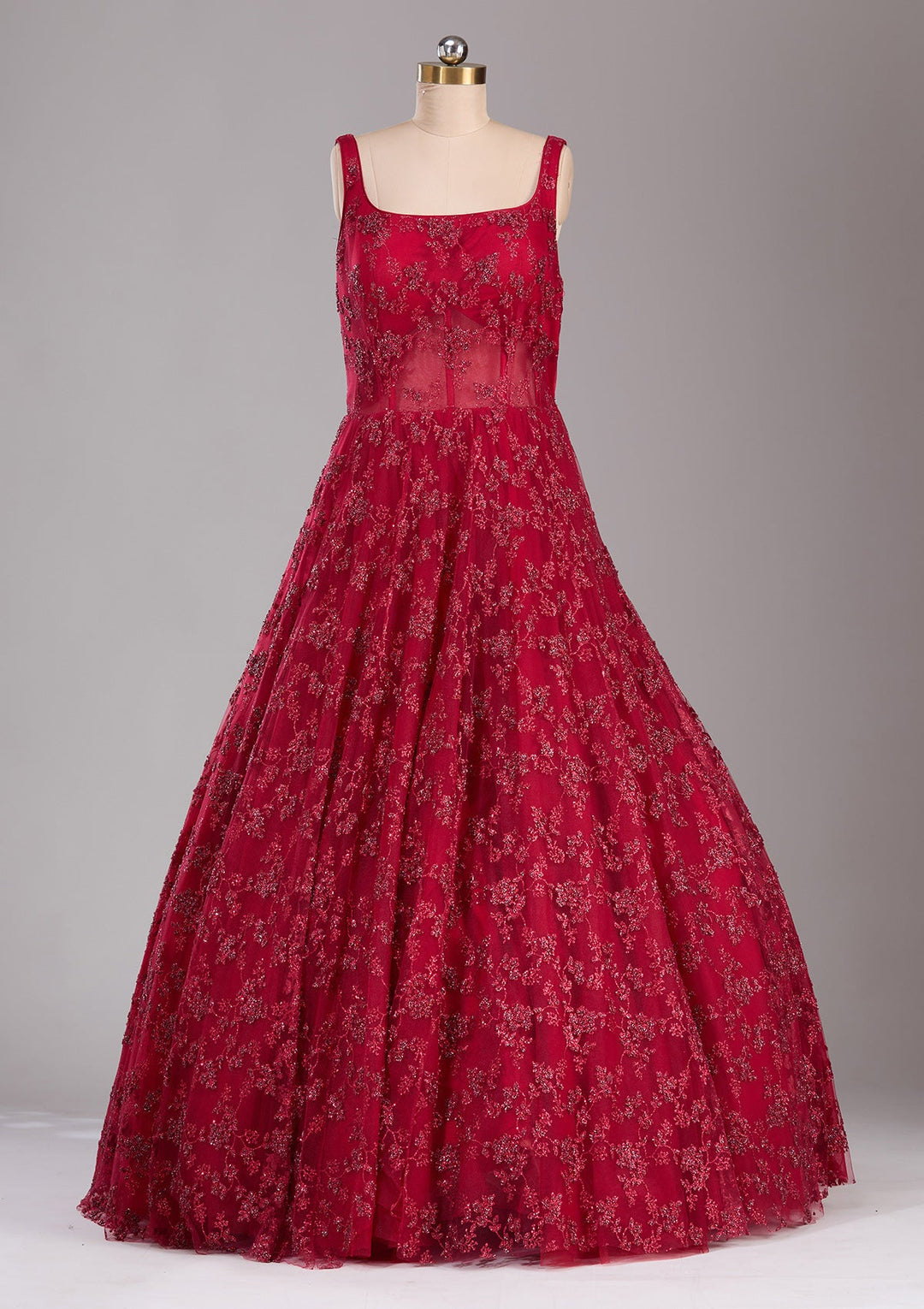 Red Glitter Net Readymade Lehenga-Koskii