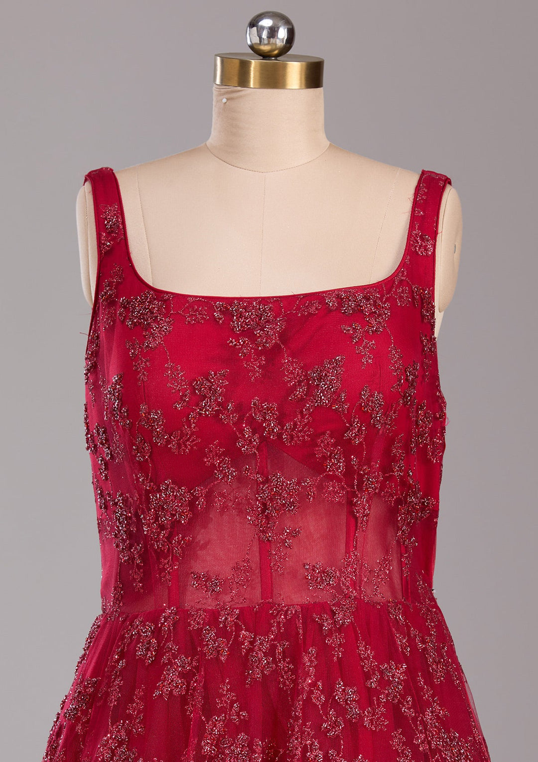 Red Glitter Net Readymade Lehenga-Koskii