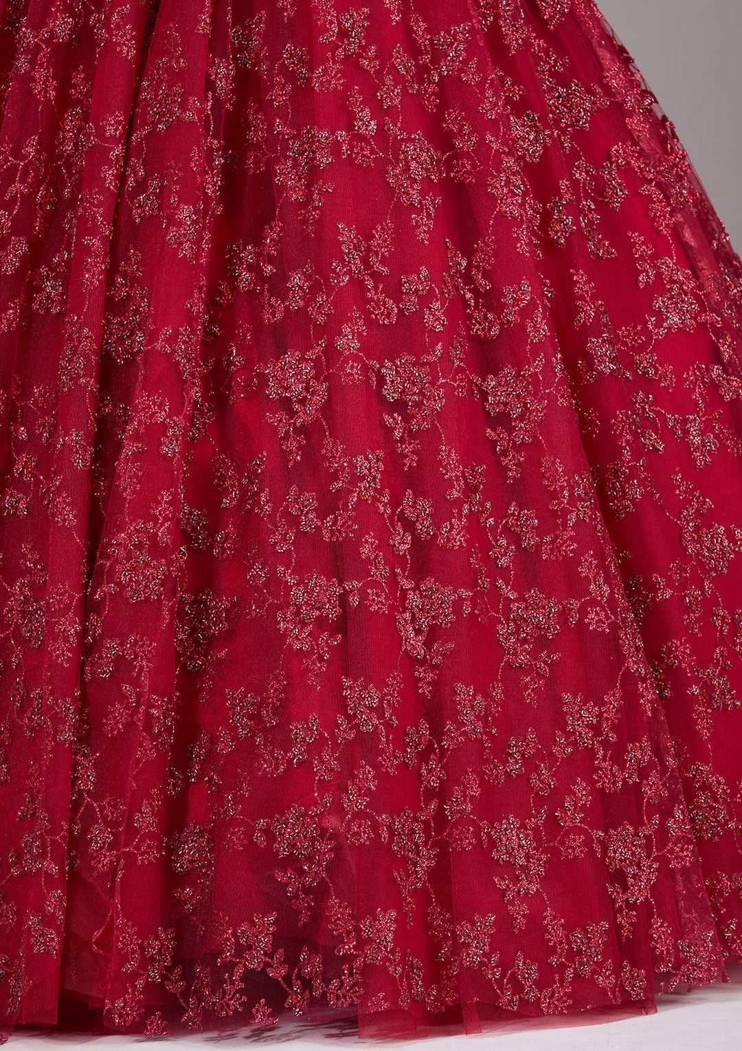 Red Glitter Net Readymade Lehenga-Koskii