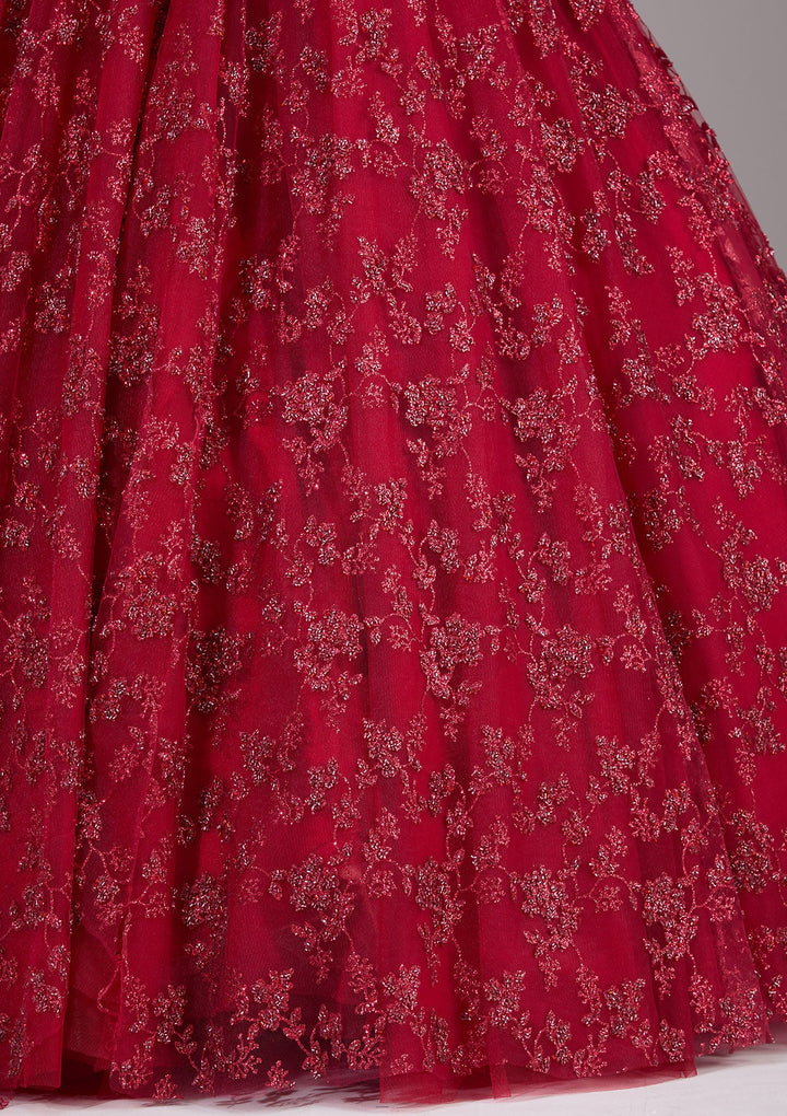 Red Glitter Net Readymade Lehenga-Koskii