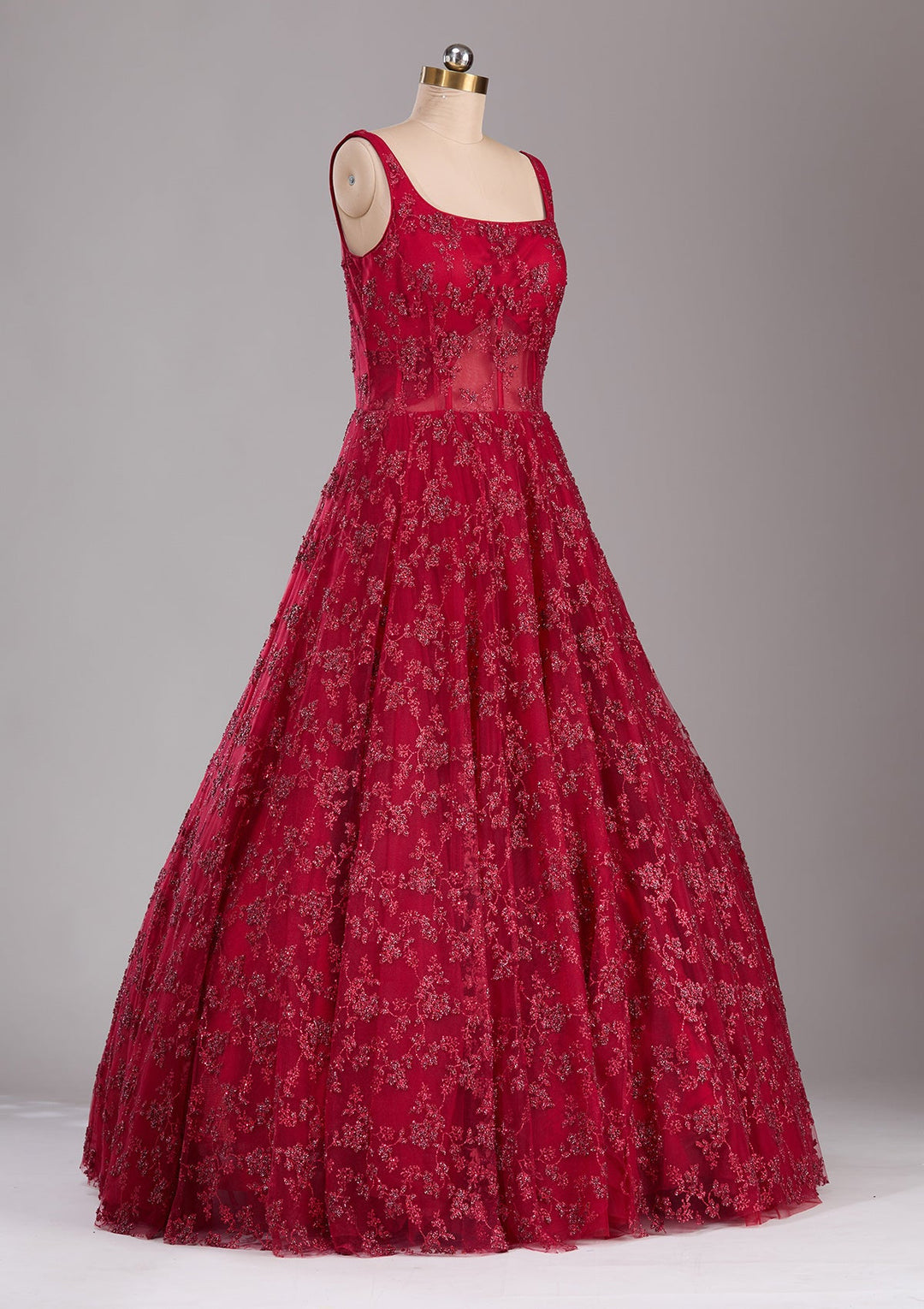 Red Glitter Net Readymade Lehenga-Koskii