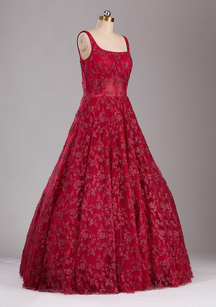 Red Glitter Net Readymade Lehenga-Koskii