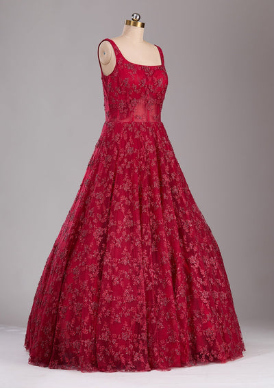 Red Glitter Net Readymade Lehenga-Koskii