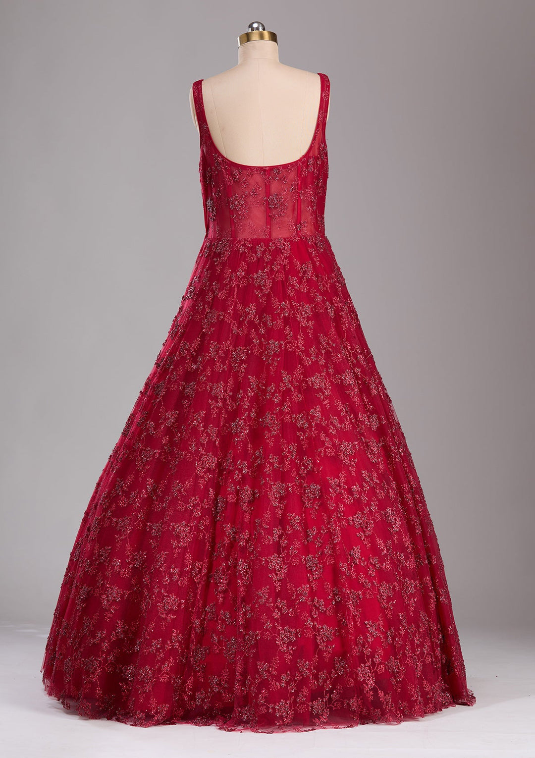 Red Glitter Net Readymade Lehenga-Koskii