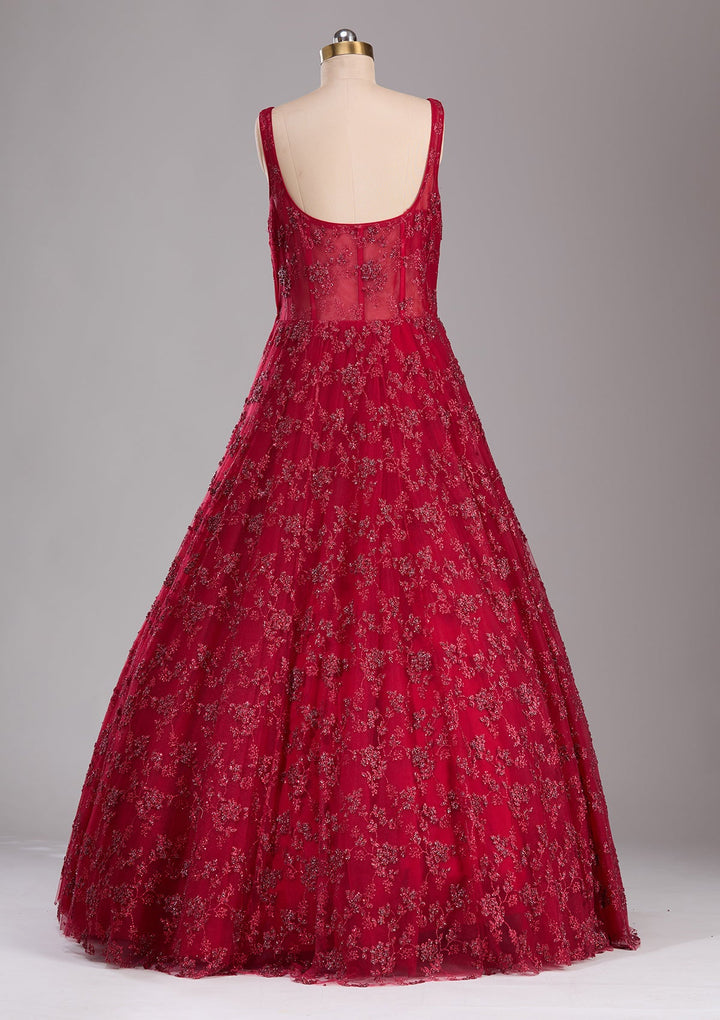 Red Glitter Net Readymade Lehenga-Koskii