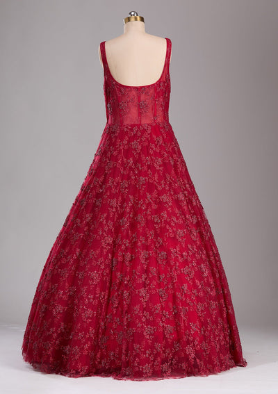 Red Glitter Net Readymade Lehenga-Koskii