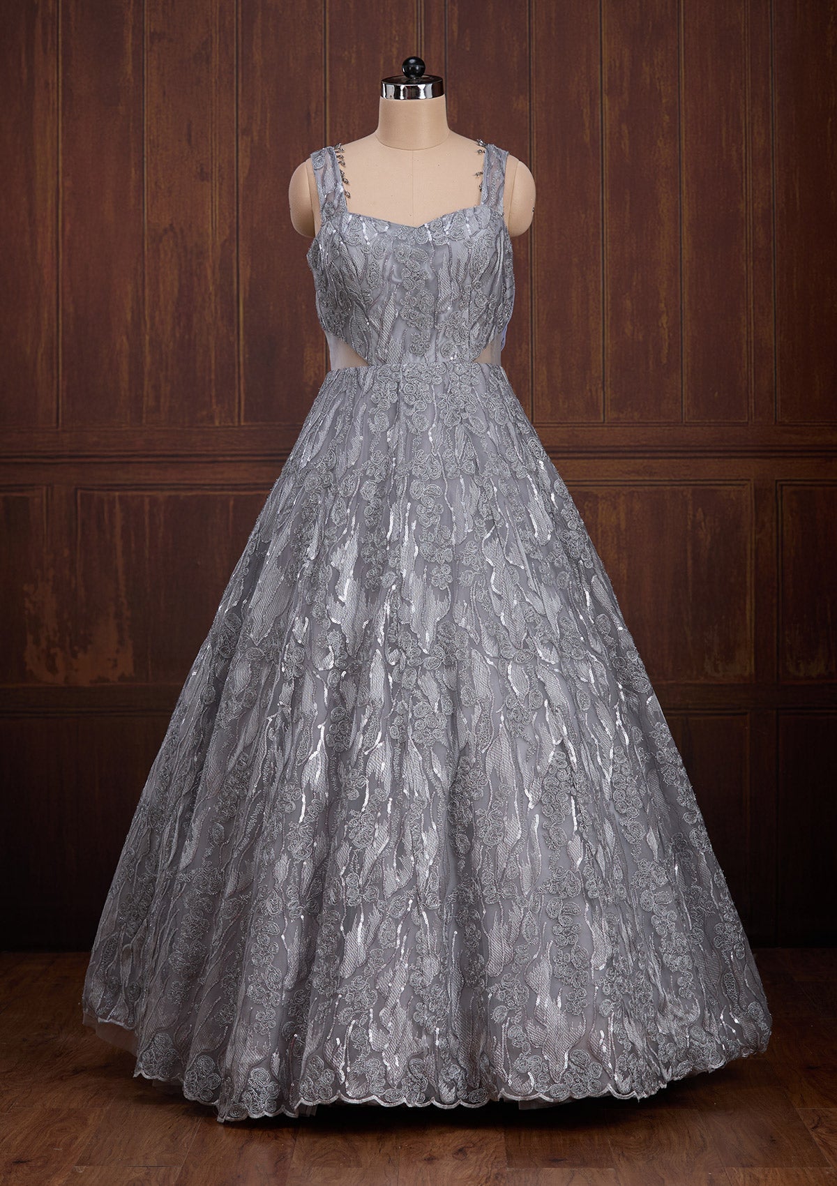 Grey Sequins Net Readymade Lehenga-Koskii