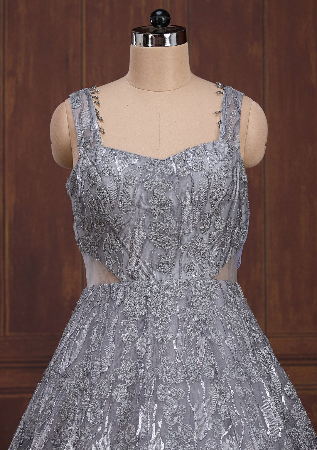 Grey Sequins Net Readymade Lehenga-Koskii