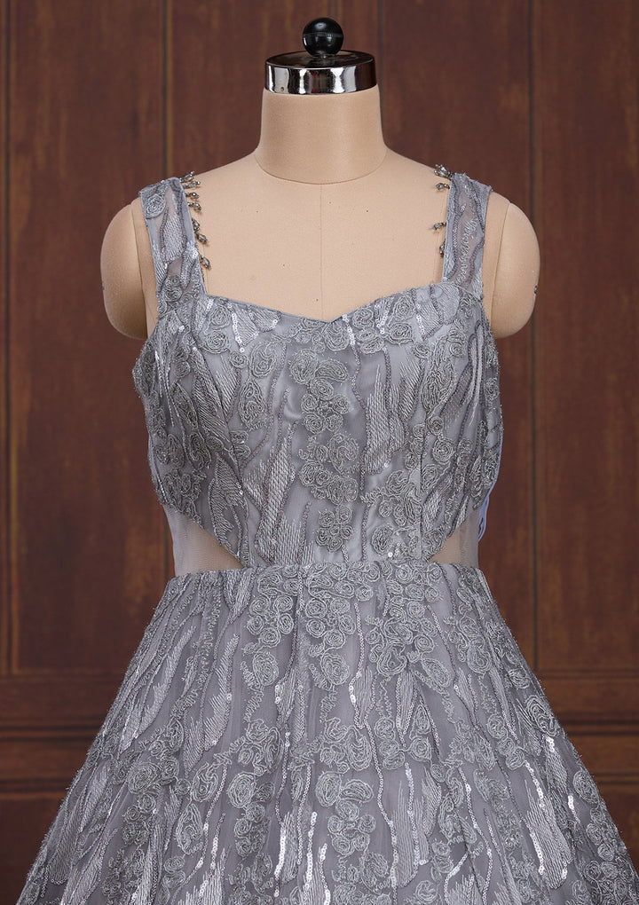 Grey Sequins Net Readymade Lehenga-Koskii