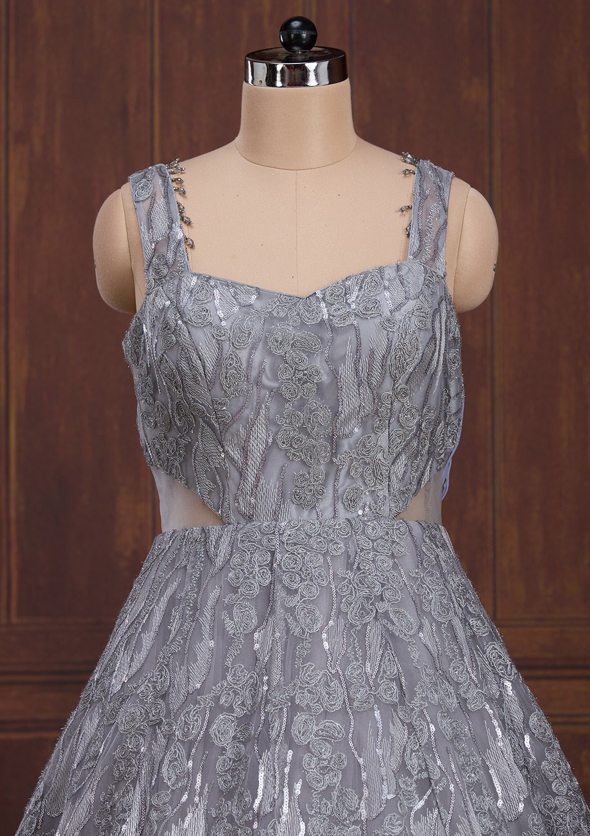 Grey Sequins Net Readymade Lehenga-Koskii