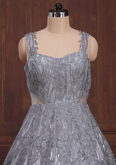 Grey Sequins Net Readymade Lehenga-Koskii