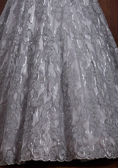 Grey Sequins Net Readymade Lehenga-Koskii