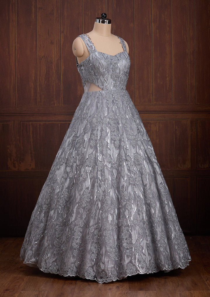 Grey Sequins Net Readymade Lehenga-Koskii