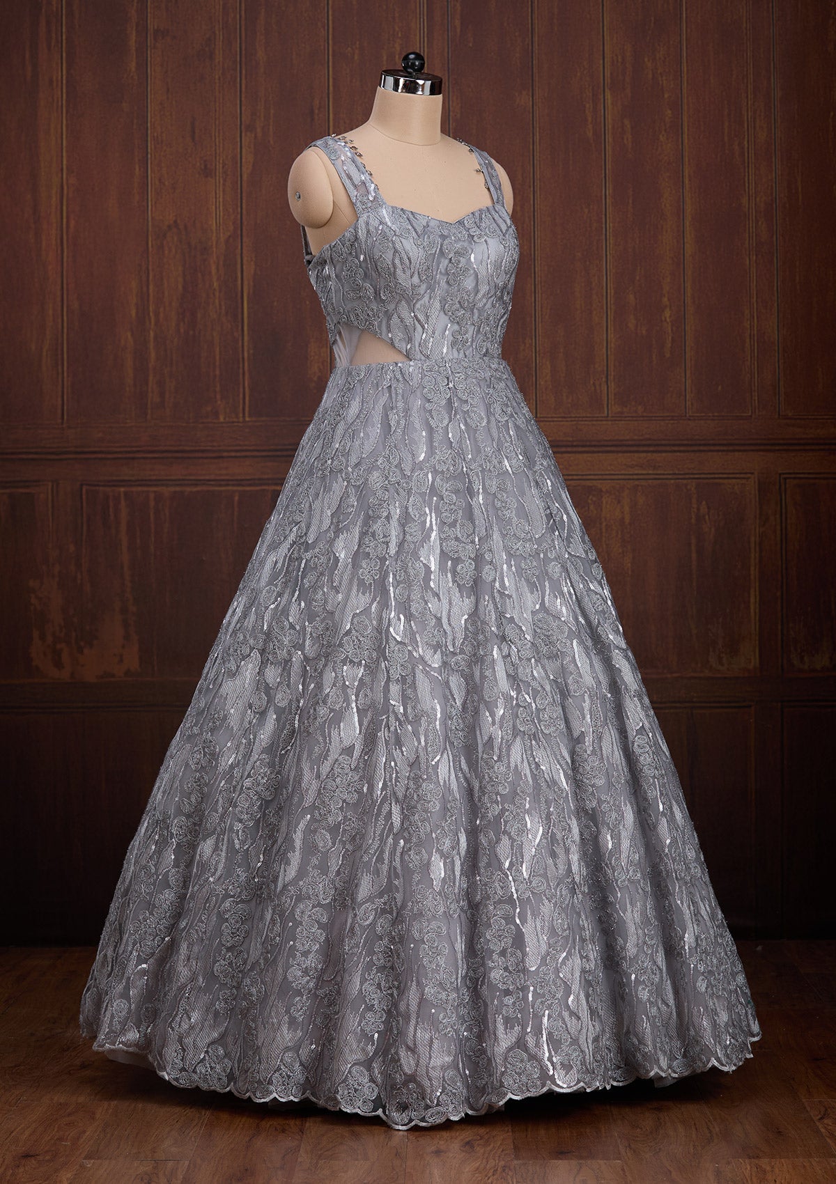 Grey Sequins Net Readymade Lehenga-Koskii