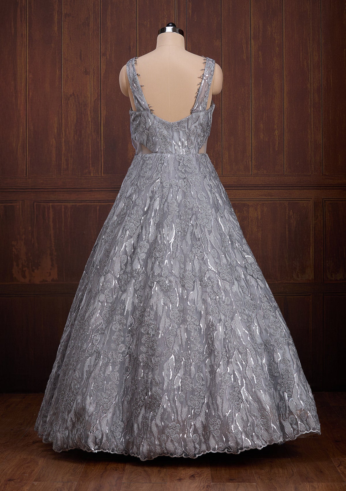 Grey Sequins Net Readymade Lehenga-Koskii