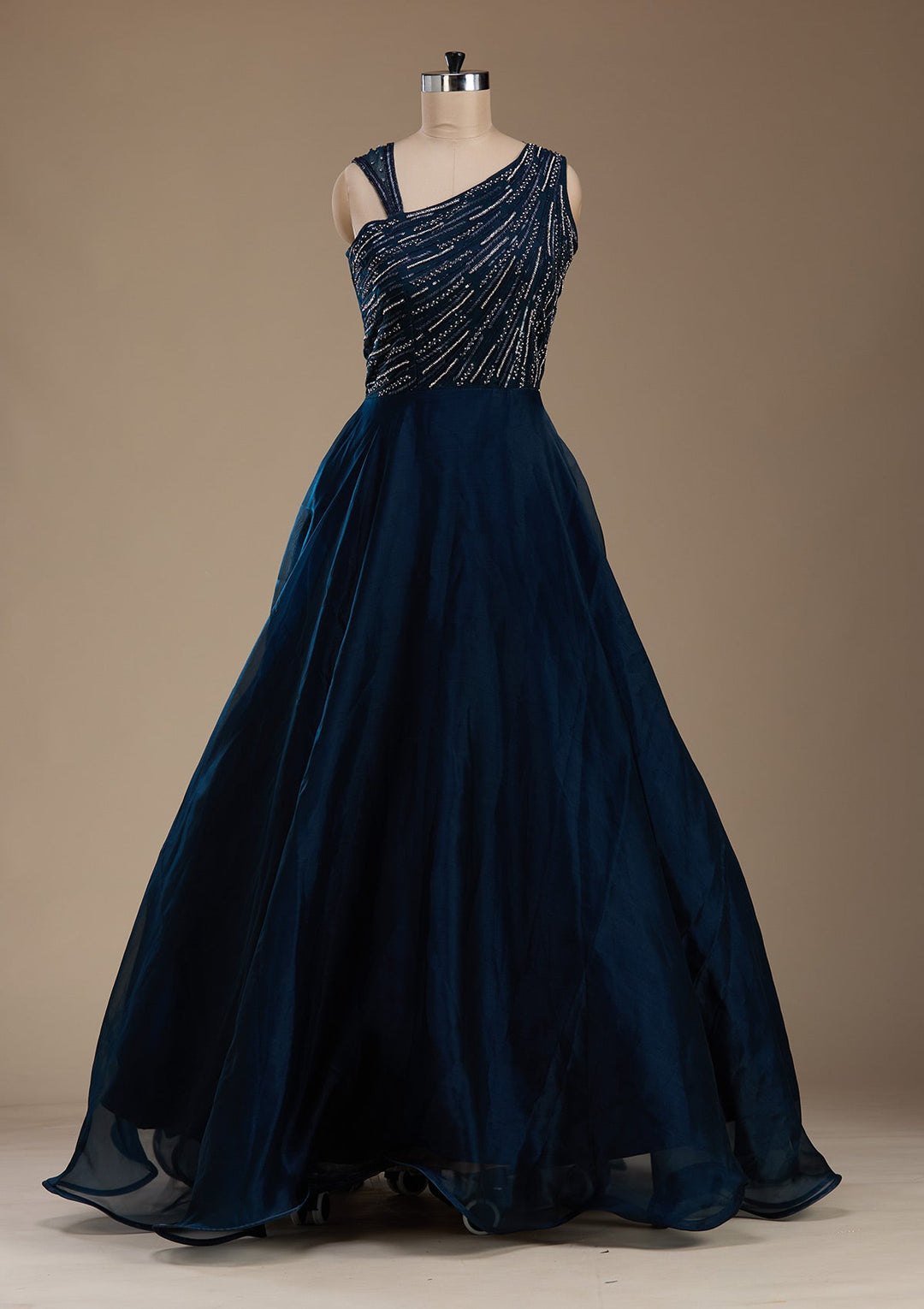 Navy Blue Stonework Satin Gown-koskii