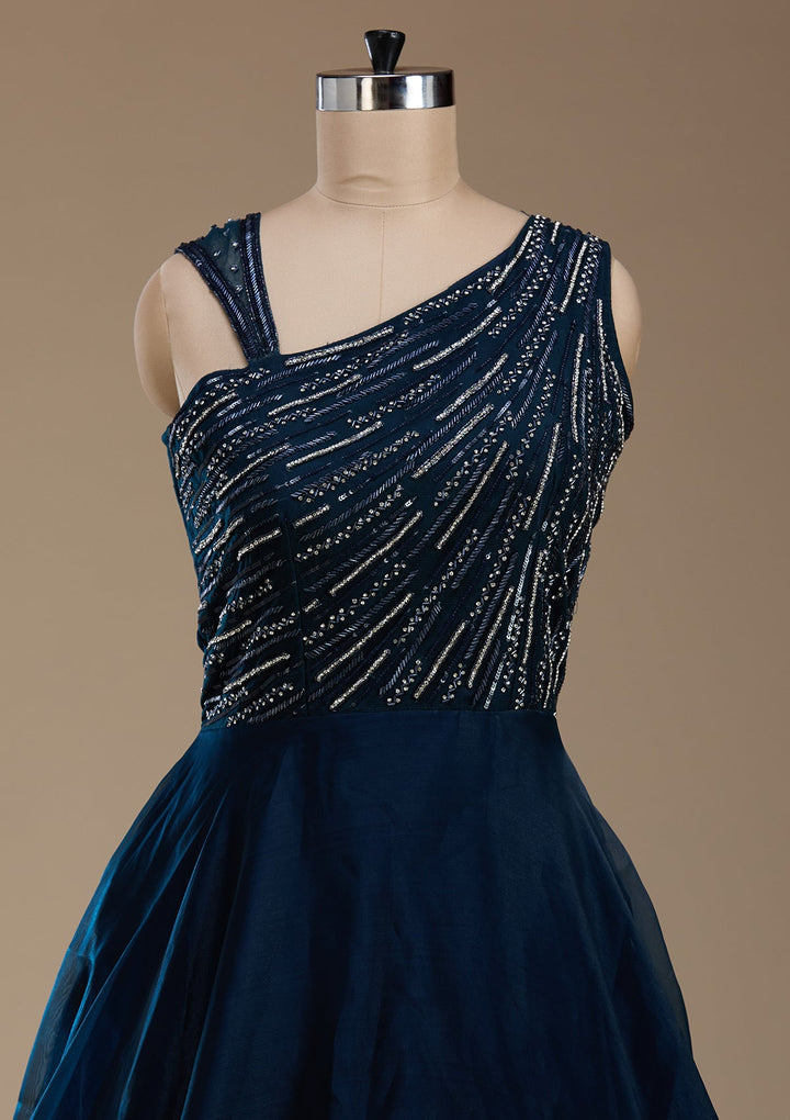 Navy Blue Stonework Satin Gown-koskii