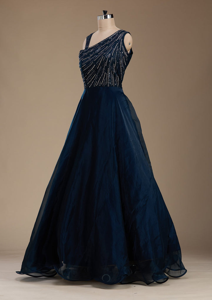 Navy Blue Stonework Satin Gown-koskii