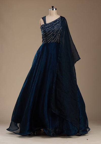 Navy Blue Stonework Satin Gown-koskii
