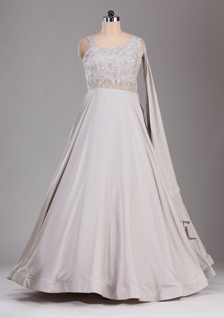 Cream Stonework Satin Readymade Lehenga-Koskii