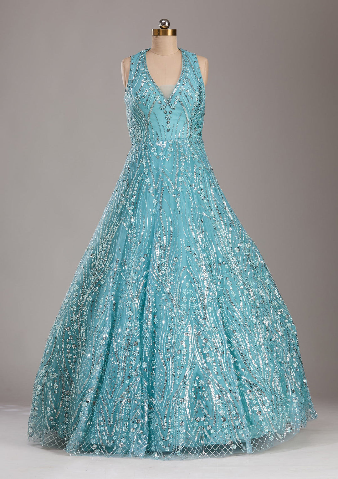 Sea Green Sequins Net Readymade Lehenga-Koskii