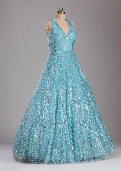 Sea Green Sequins Net Readymade Lehenga-Koskii