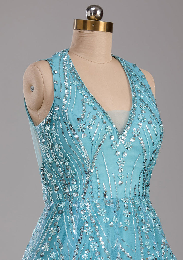Sea Green Sequins Net Readymade Lehenga-Koskii