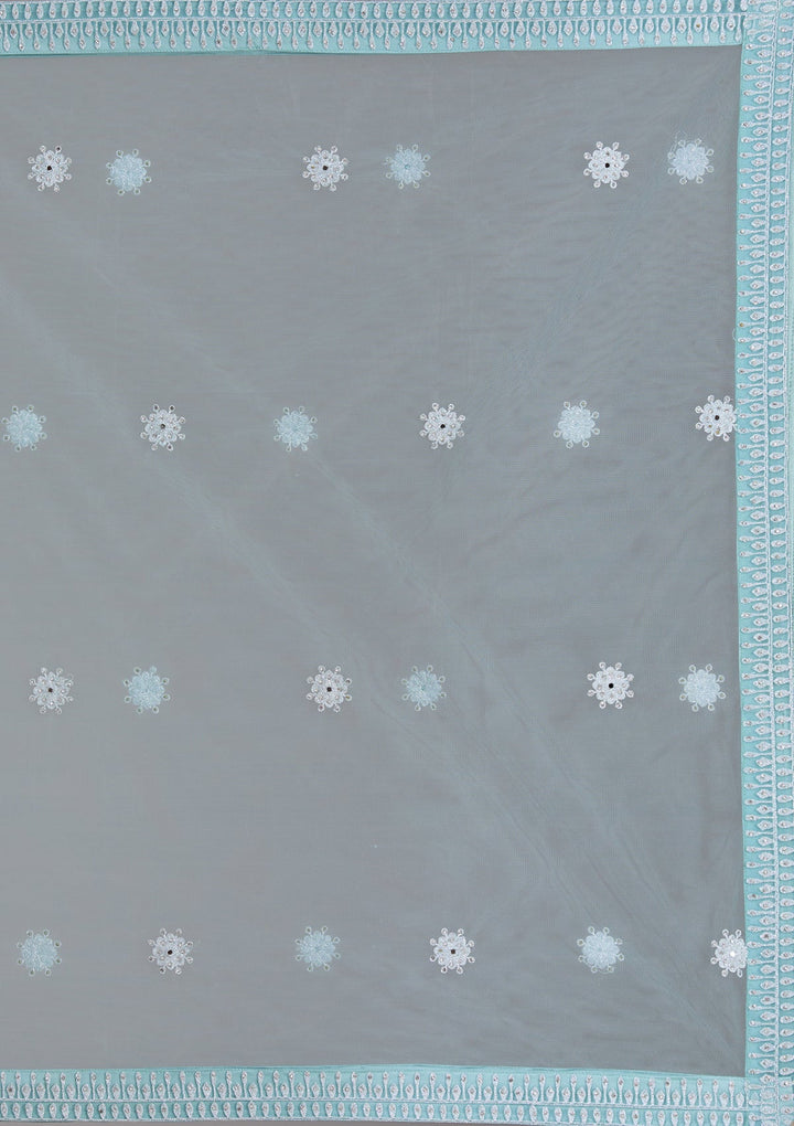Sky Blue Silver Stonework Net Readymade Lehenga-Koskii