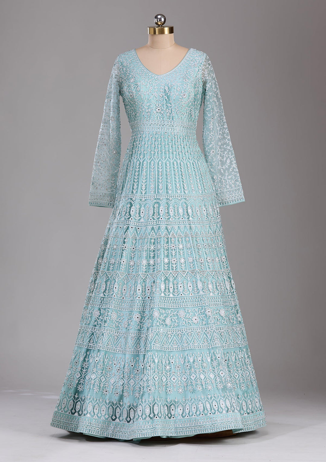 Sky Blue Silver Stonework Net Readymade Lehenga-Koskii