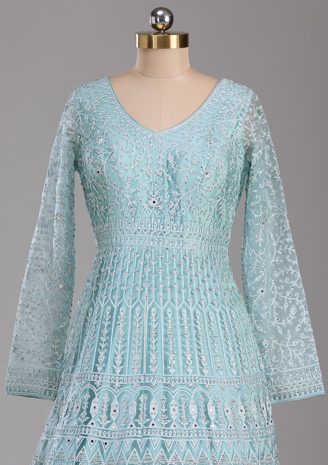 Sky Blue Silver Stonework Net Readymade Lehenga-Koskii