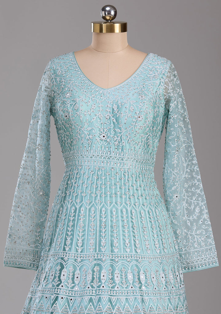 Sky Blue Silver Stonework Net Readymade Lehenga-Koskii