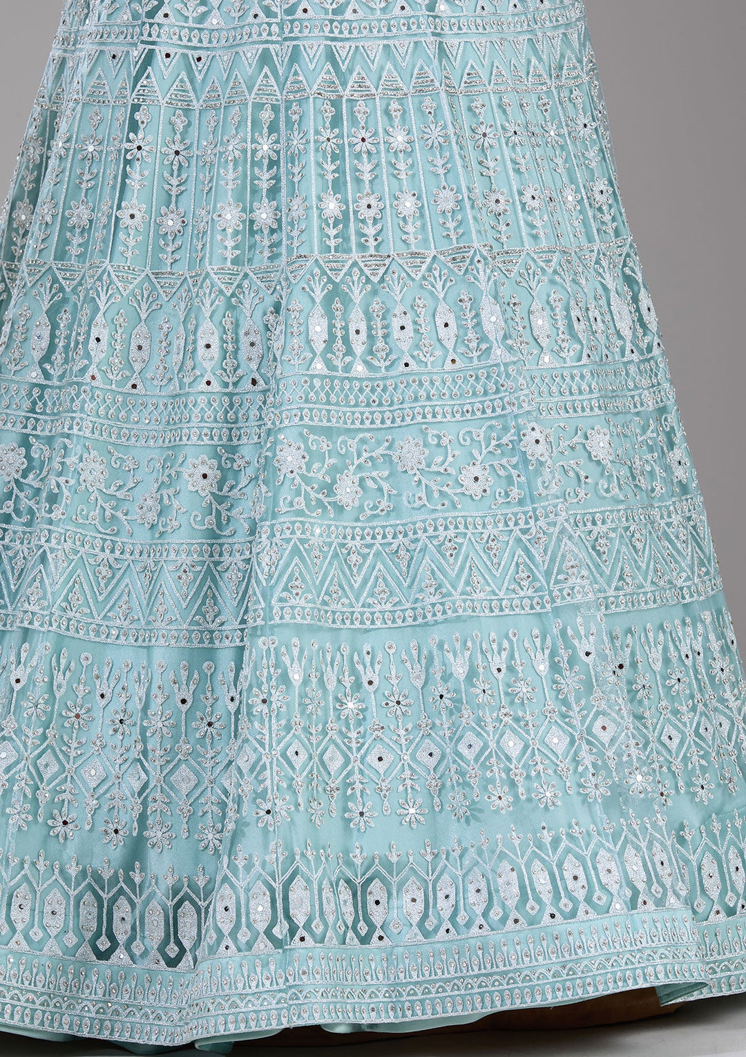 Sky Blue Silver Stonework Net Readymade Lehenga-Koskii