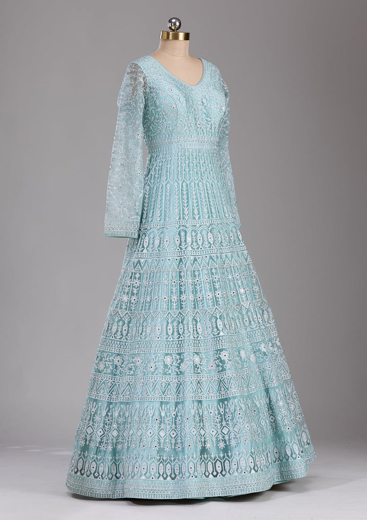 Sky Blue Silver Stonework Net Readymade Lehenga-Koskii