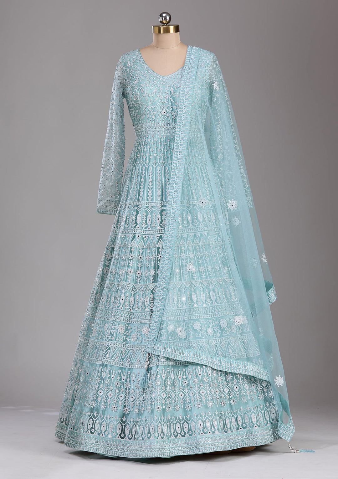 Sky Blue Silver Stonework Net Readymade Lehenga-Koskii