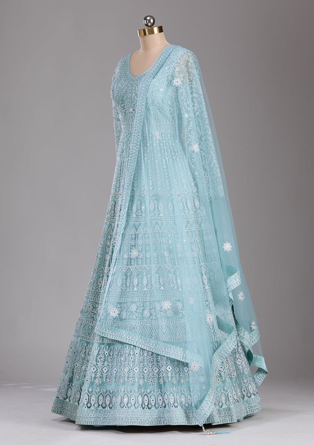 Sky Blue Silver Stonework Net Readymade Lehenga-Koskii