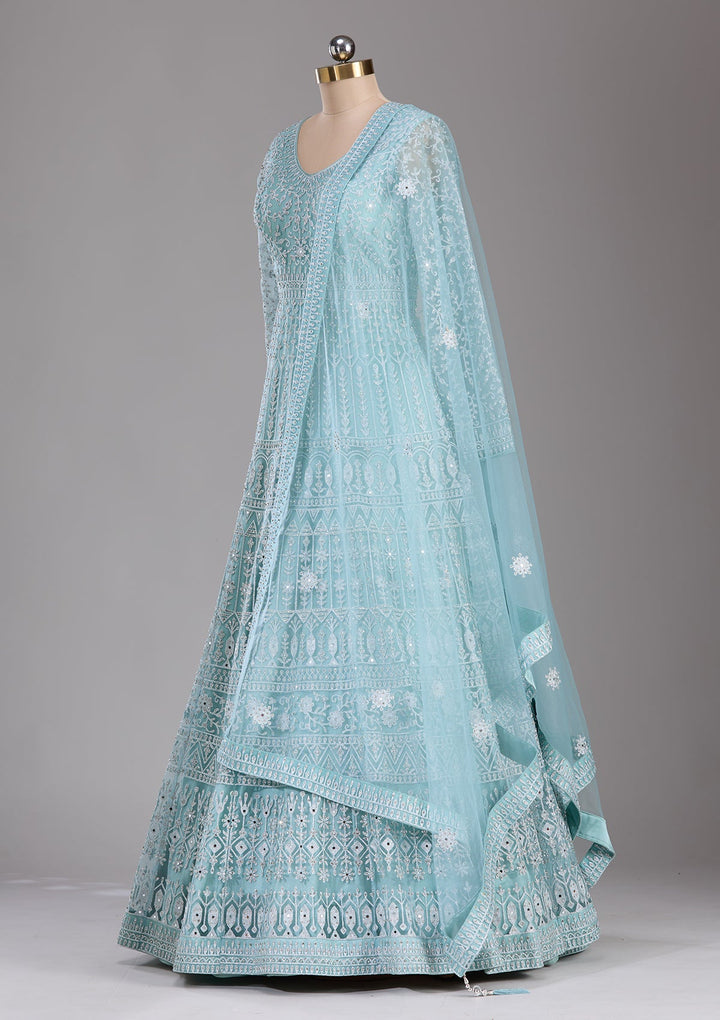 Sky Blue Silver Stonework Net Readymade Lehenga-Koskii